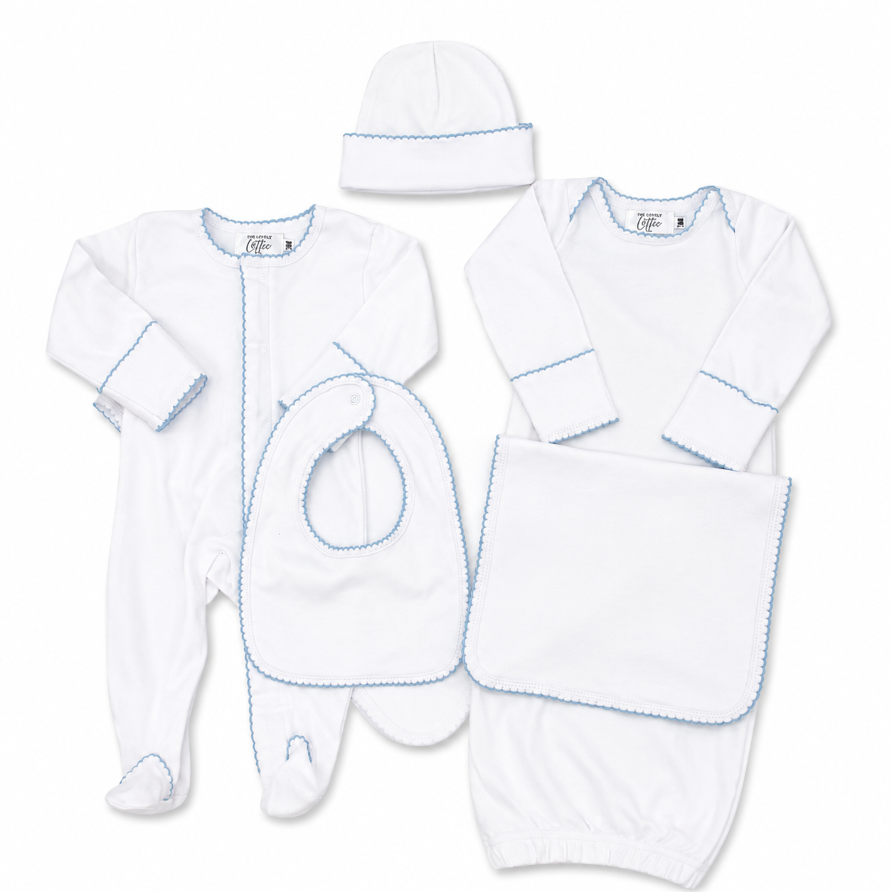 White Baby Gown with Blue Picot Trim