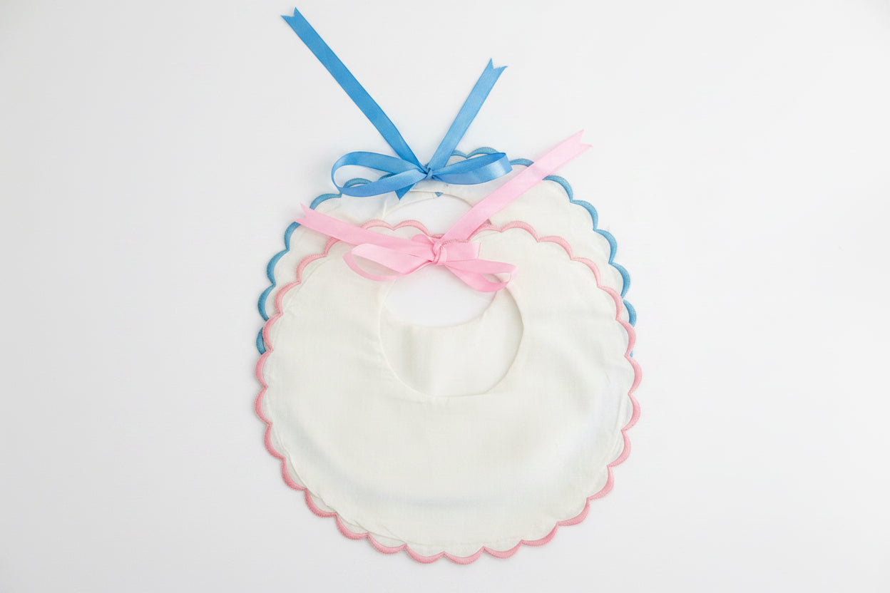 White Cotton Bib with Blue Scallop Trim
