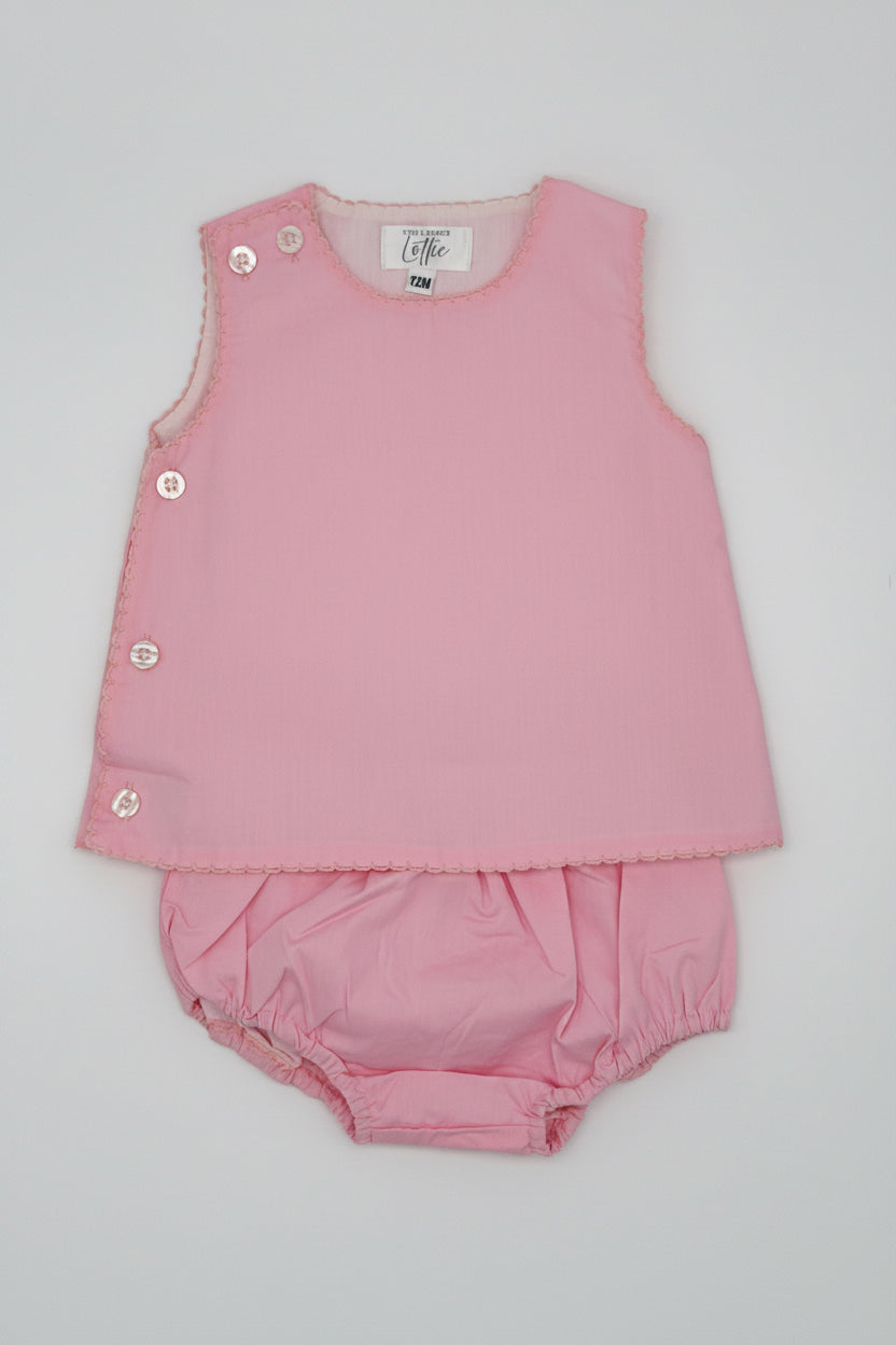 Side Button Pink Cotton Diaper Set with Pink Picot Trim