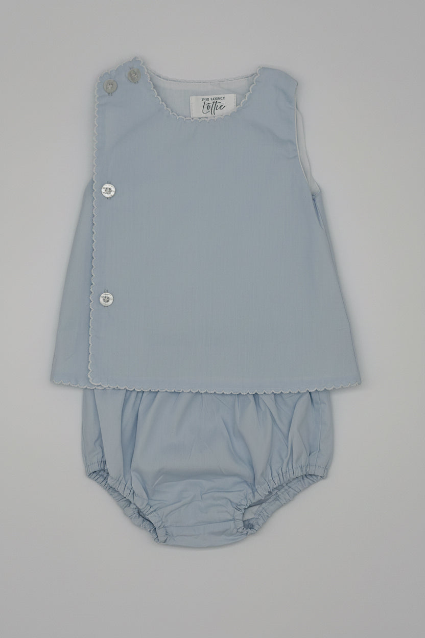 Front Button Blue Cotton Diaper Set with White Picot Trim