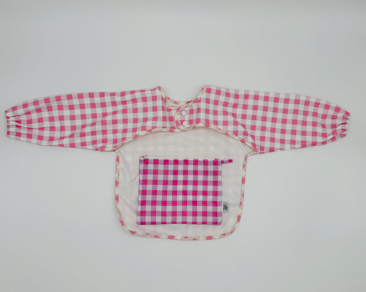Pink Gingham Long Sleeve Catch-All Bib