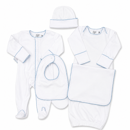 White Baby Gown with Blue Picot Trim