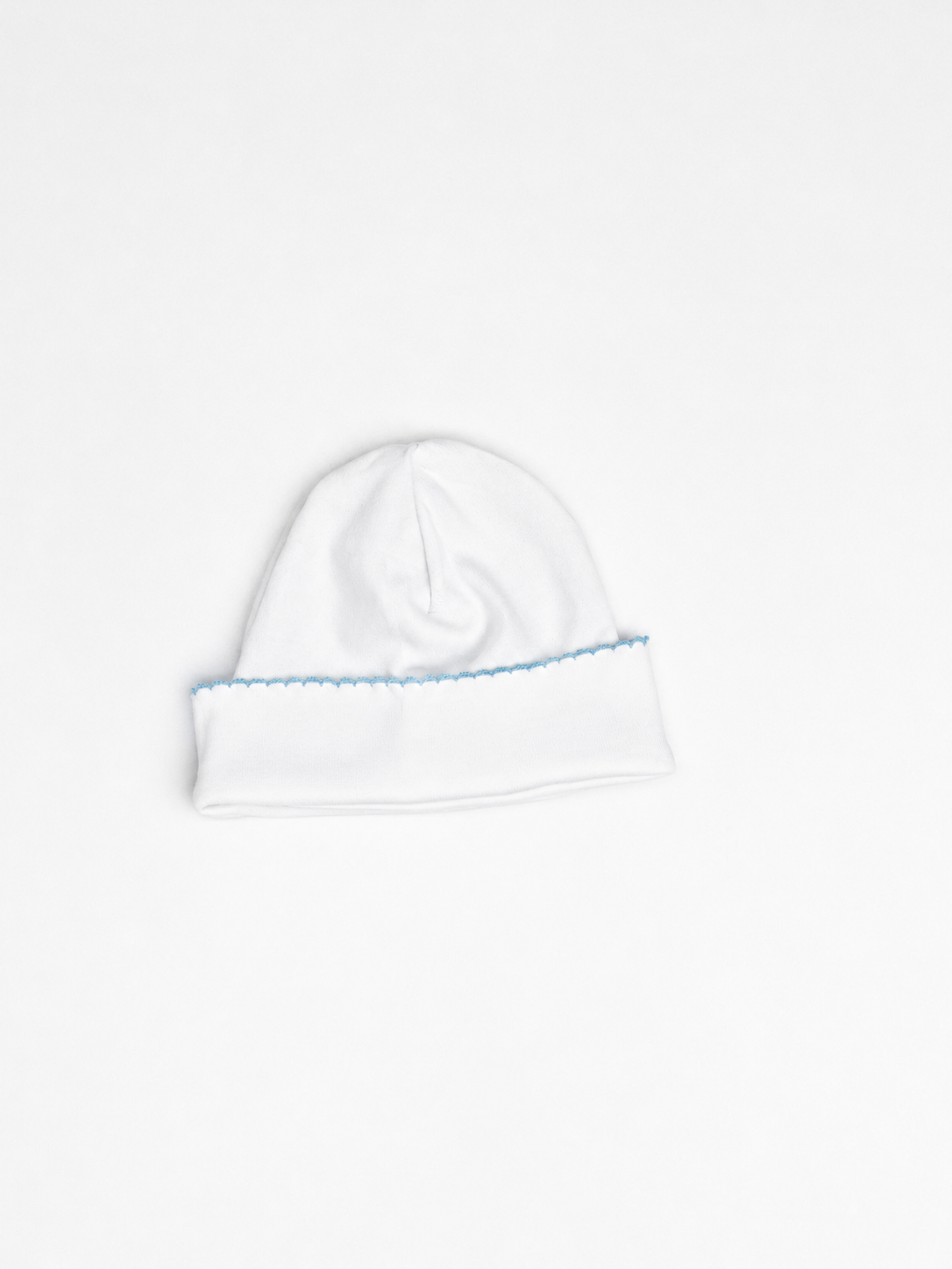White Baby Hat with Blue Picot Trim