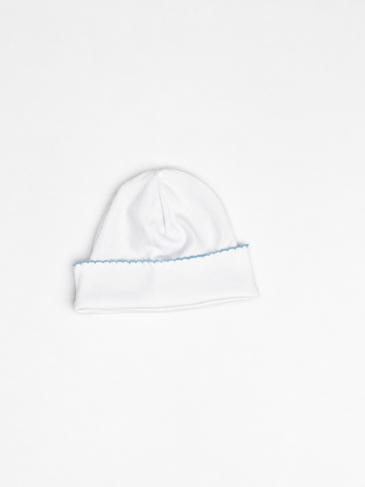 White Baby Hat with Blue Picot Trim