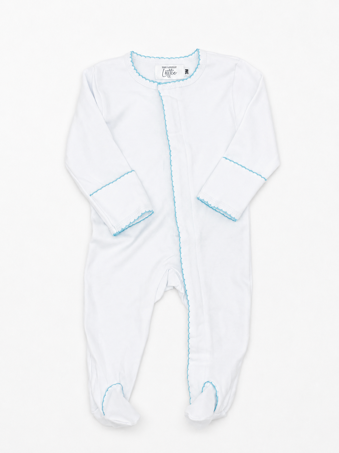 White Baby Footie with Blue Picot Trim