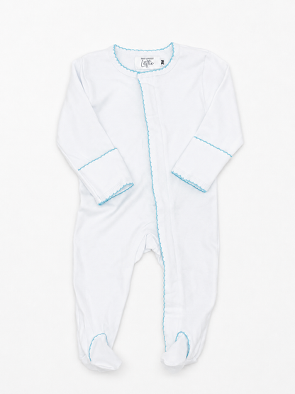 White Baby Footie with Blue Picot Trim