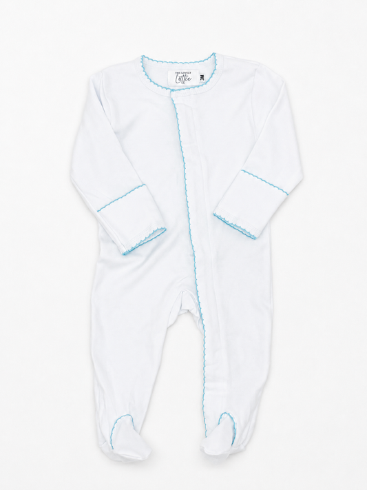 White Baby Footie with Blue Picot Trim