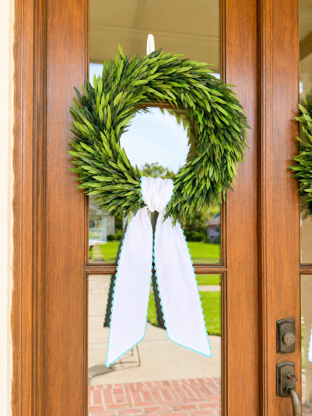 White Wreath Sash with Blue Ric Rac Trim
