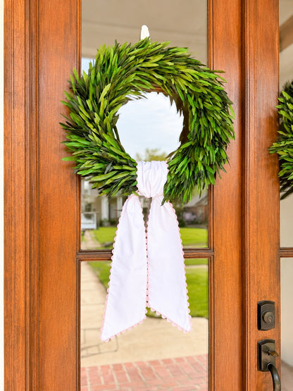 White Wreath Sash with Pink Ric Rac Trim