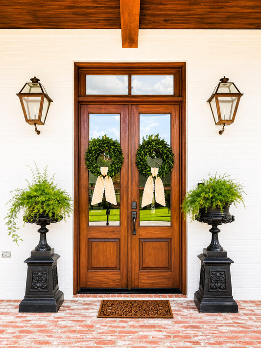Tan Wreath Sash With White Ric Rac Trim