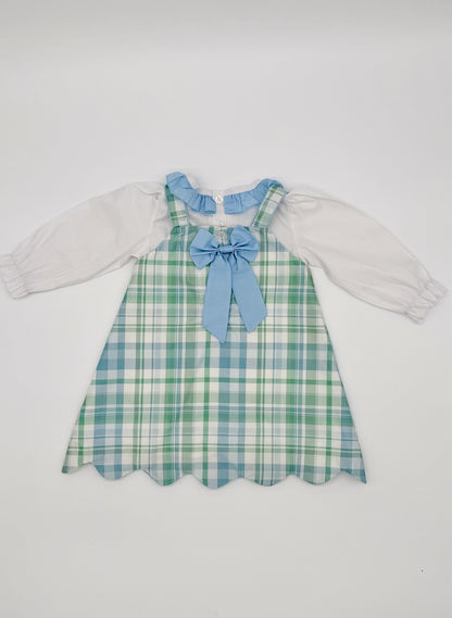 Girls Scallop Blue and Green Plaid Dress Set