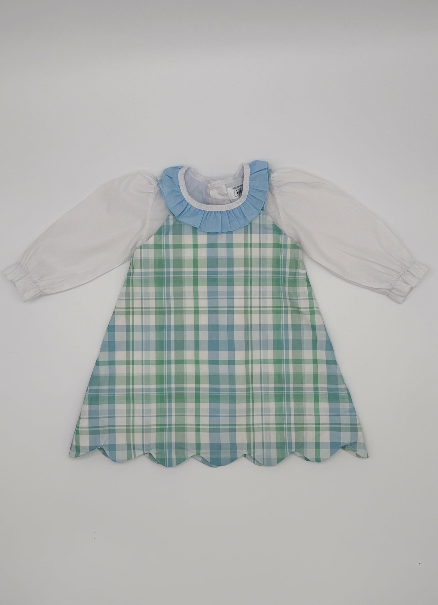 Girls Scallop Blue and Green Plaid Dress Set