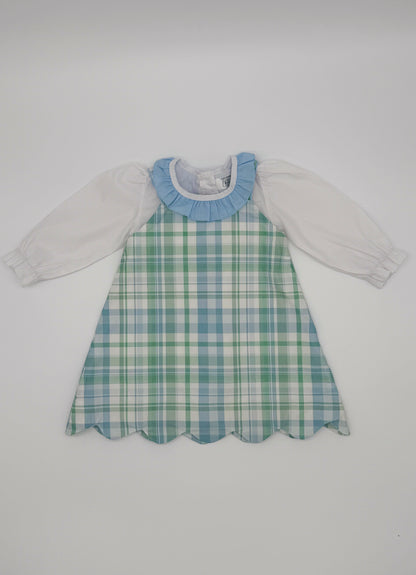 Girls Scallop Blue and Green Plaid Dress Set