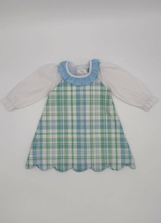 Girls Scallop Blue and Green Plaid Dress Set