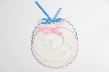 White Cotton Bib with Blue Scallop Trim