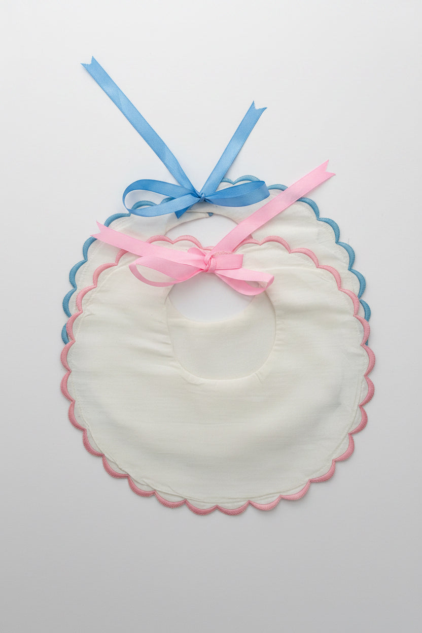 White Cotton Bib with Pink Scallop Trim