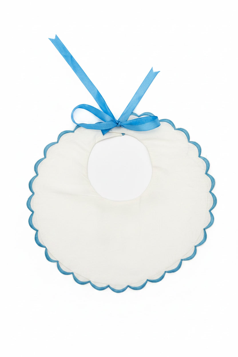 White Cotton Bib with Blue Scallop Trim