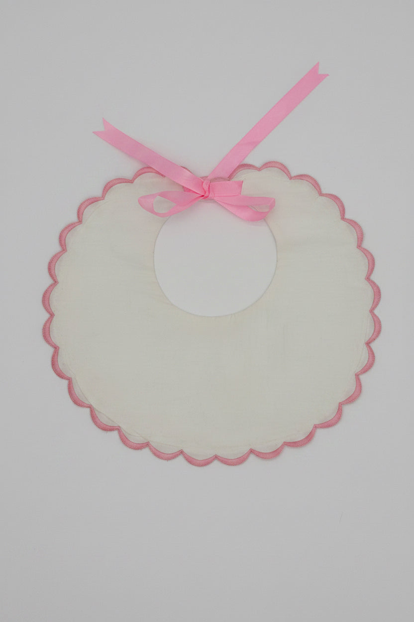 White Cotton Bib with Pink Scallop Trim