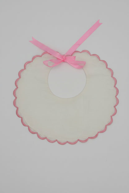 White Cotton Bib with Pink Scallop Trim