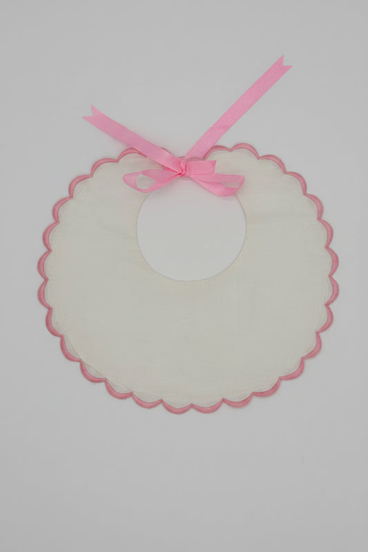 White Cotton Bib with Pink Scallop Trim