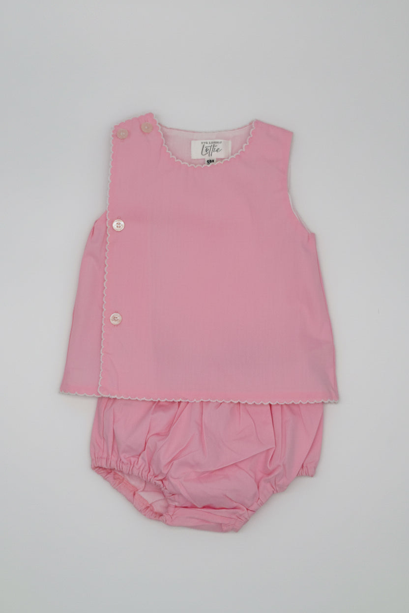 Front Button Pink Cotton Diaper Set with White Picot Trim