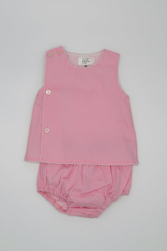 Front Button Pink Cotton Diaper Set with White Picot Trim
