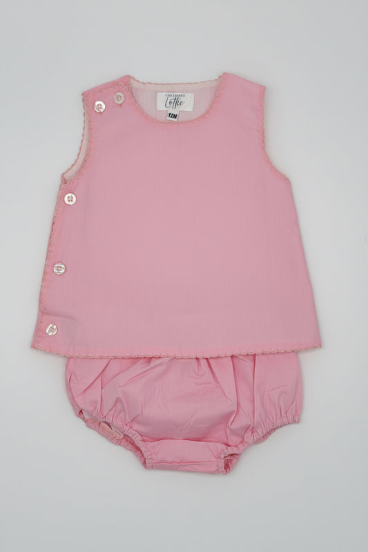 Side Button Pink Cotton Diaper Set with Pink Picot Trim