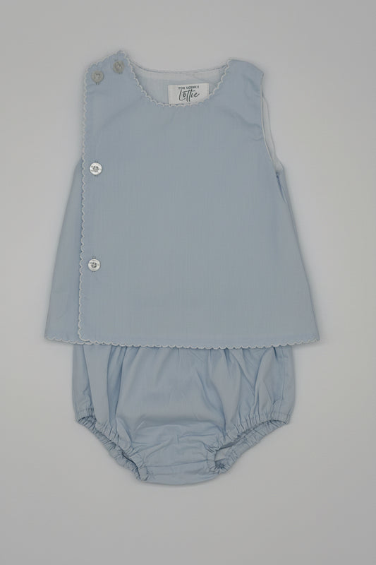 Front Button Blue Cotton Diaper Set with White Picot Trim