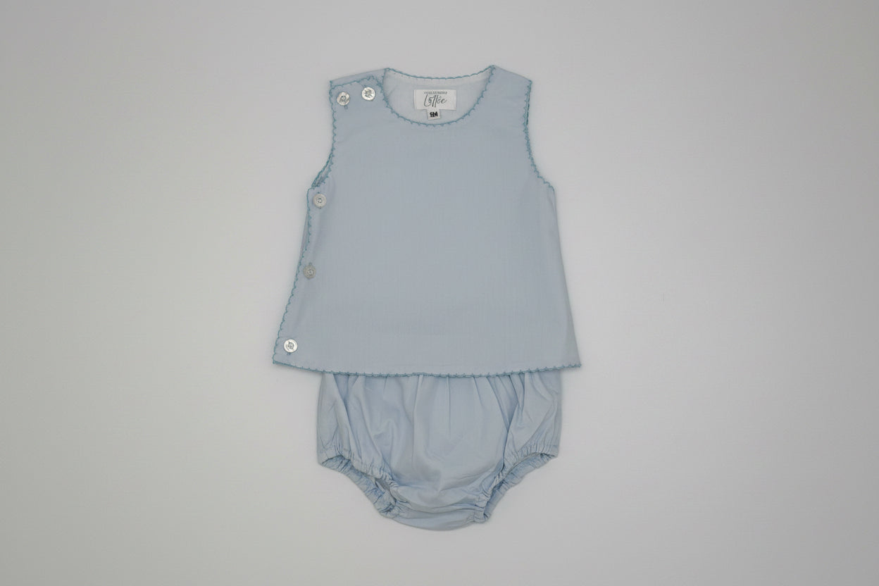 Side Button Blue Cotton Diaper Set with Blue Picot Trim