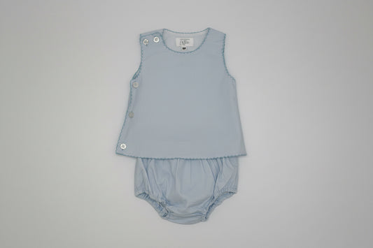 Side Button Blue Cotton Diaper Set with Blue Picot Trim