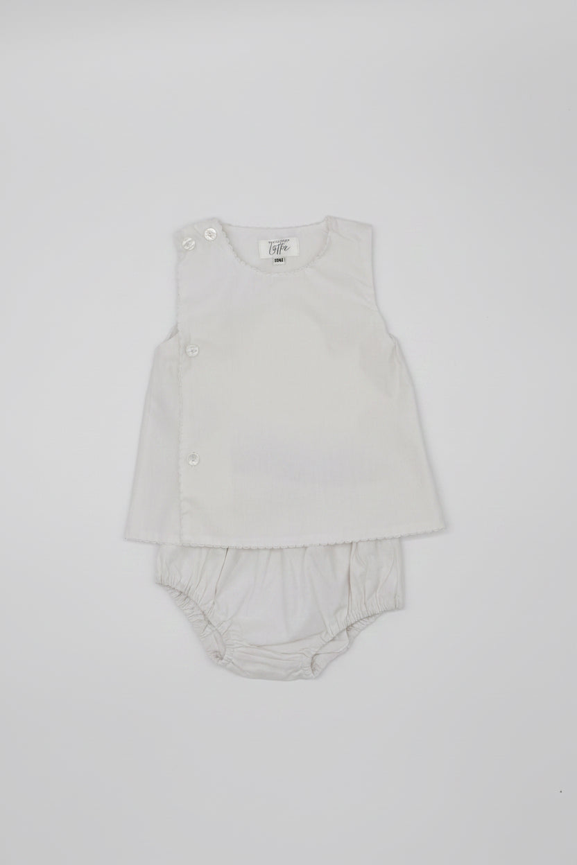 Front Button White Cotton Diaper Set with White Picot Trim