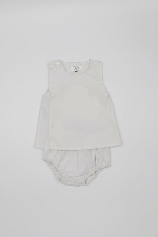 Front Button White Cotton Diaper Set with White Picot Trim