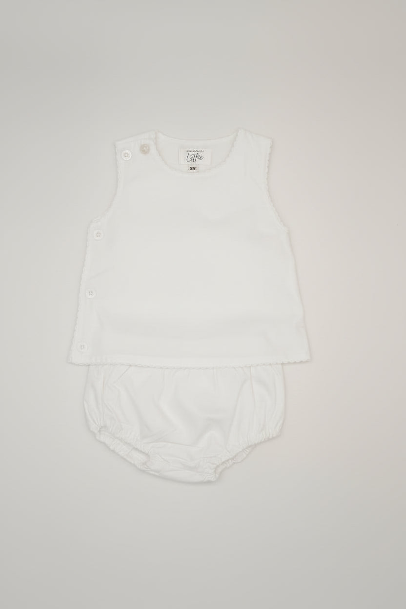 Side Button White Cotton Diaper Set with White Picot Trim