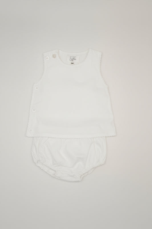 Side Button White Cotton Diaper Set with White Picot Trim