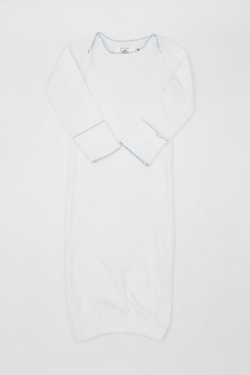 White Baby Gown with Blue Picot Trim