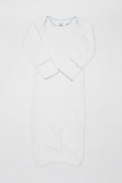 White Baby Gown with Blue Picot Trim
