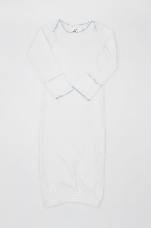 White Baby Gown with Blue Picot Trim