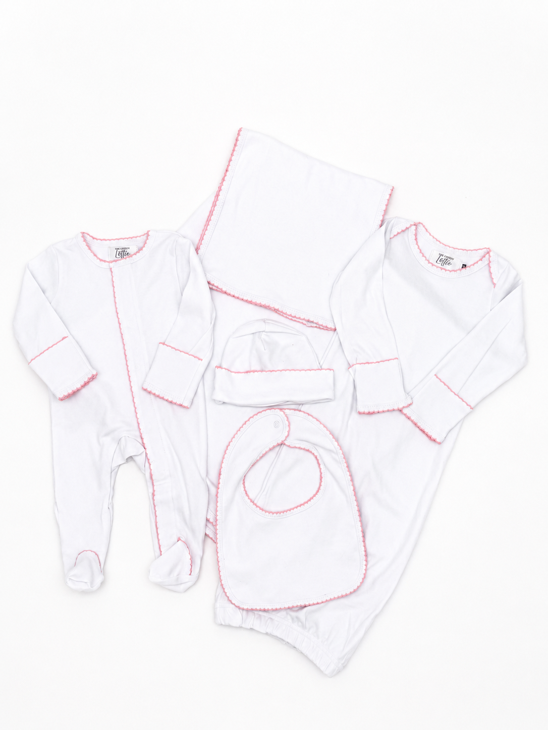 White Baby Footie with Pink Picot Trim