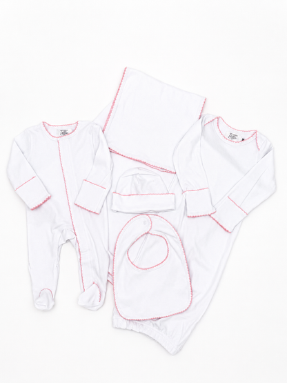 White Bib with Pink Picot Trim
