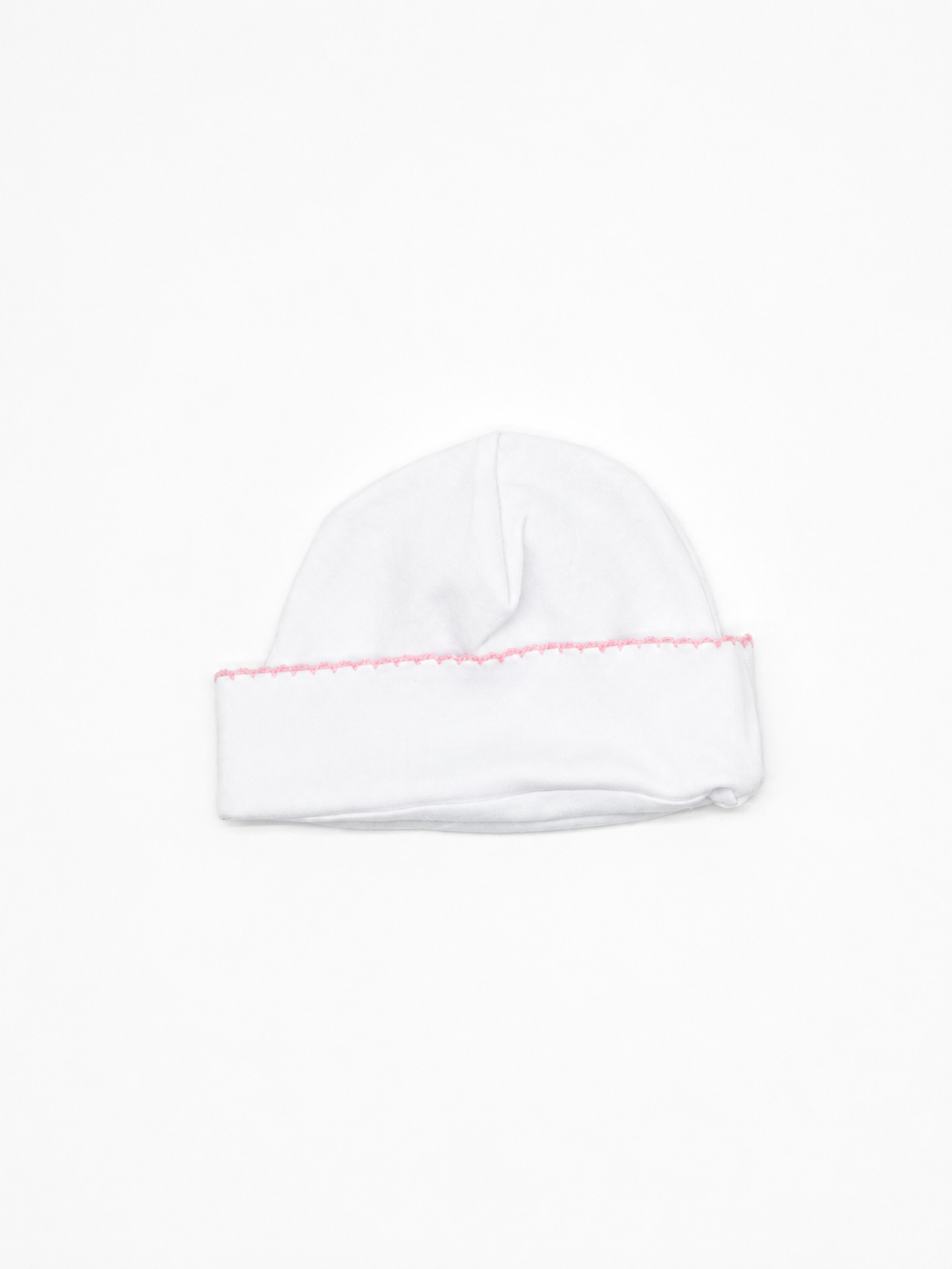 White Baby Hat with Pink Picot Trim