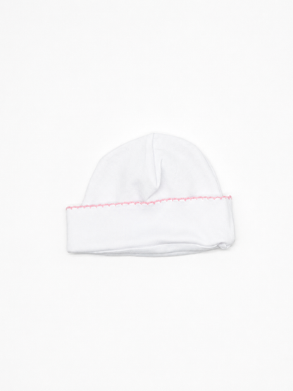 White Baby Hat with Pink Picot Trim