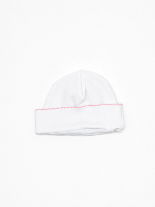 White Baby Hat with Pink Picot Trim
