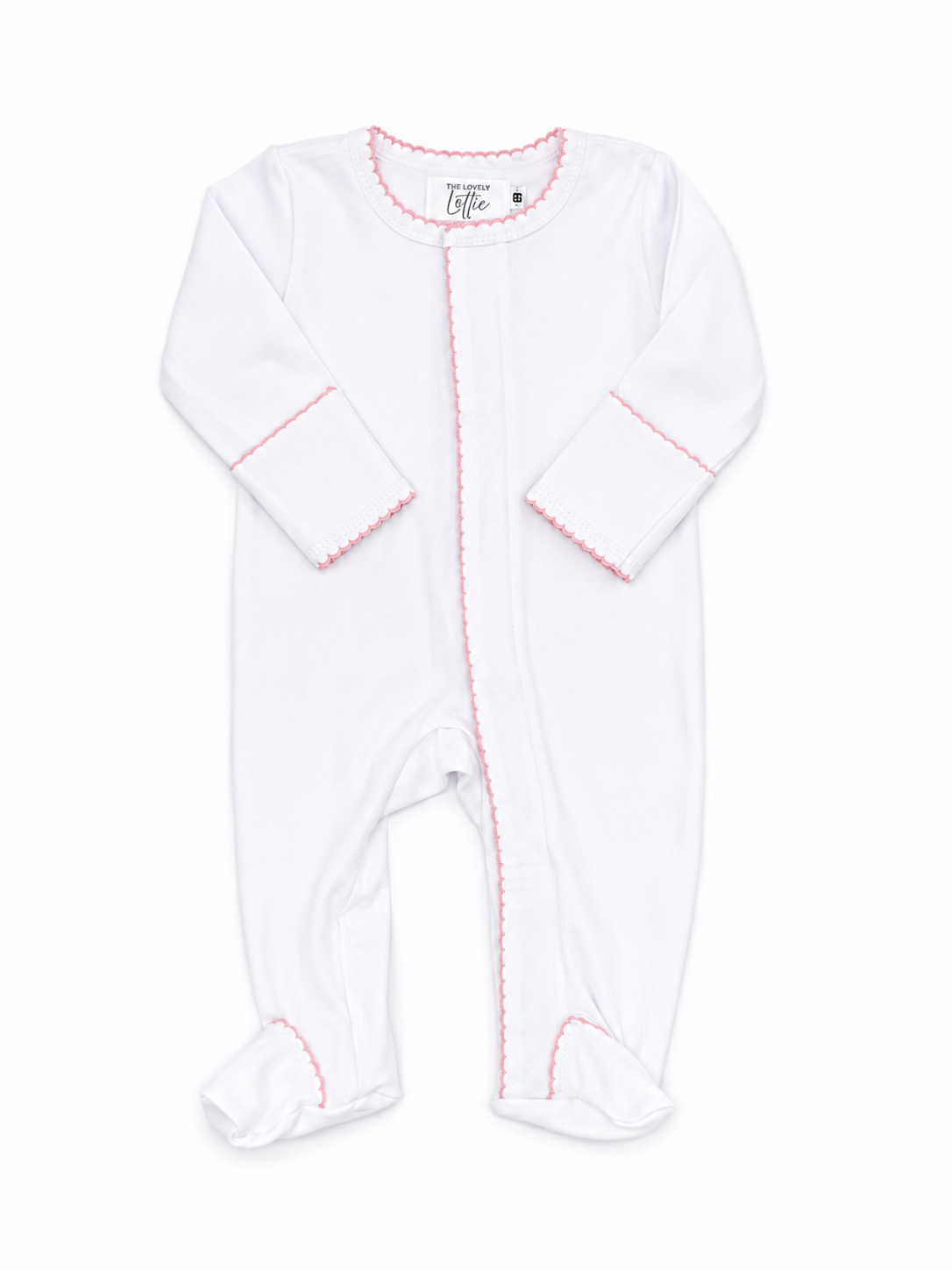 White Baby Footie with Pink Picot Trim