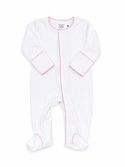 White Baby Footie with Pink Picot Trim