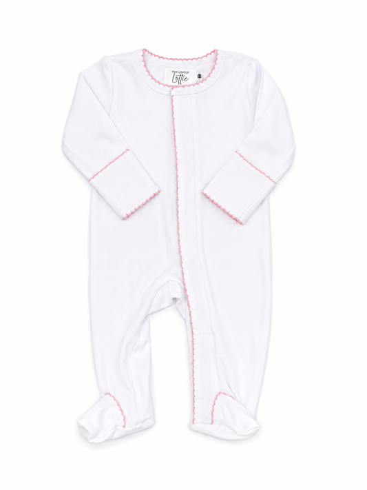 White Baby Footie with Pink Picot Trim